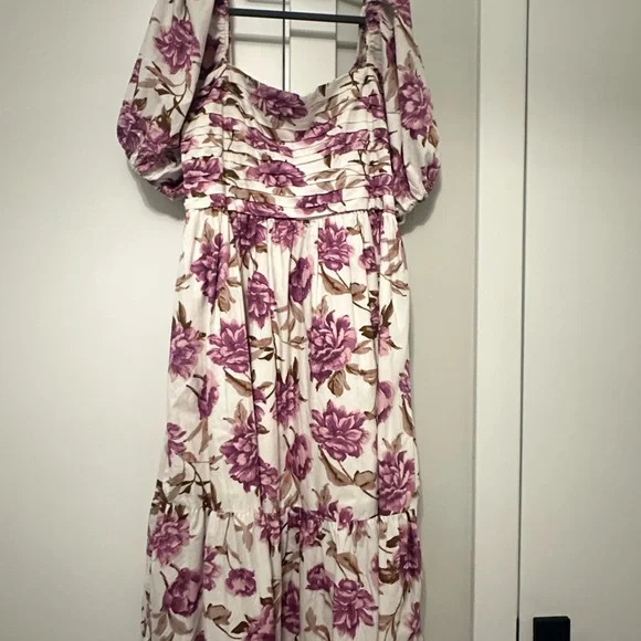 Abercrombie & Fitch Floral Puff Sleeve Midi Dress LT Large Tall Smocked Back - Picture 2 of 3
